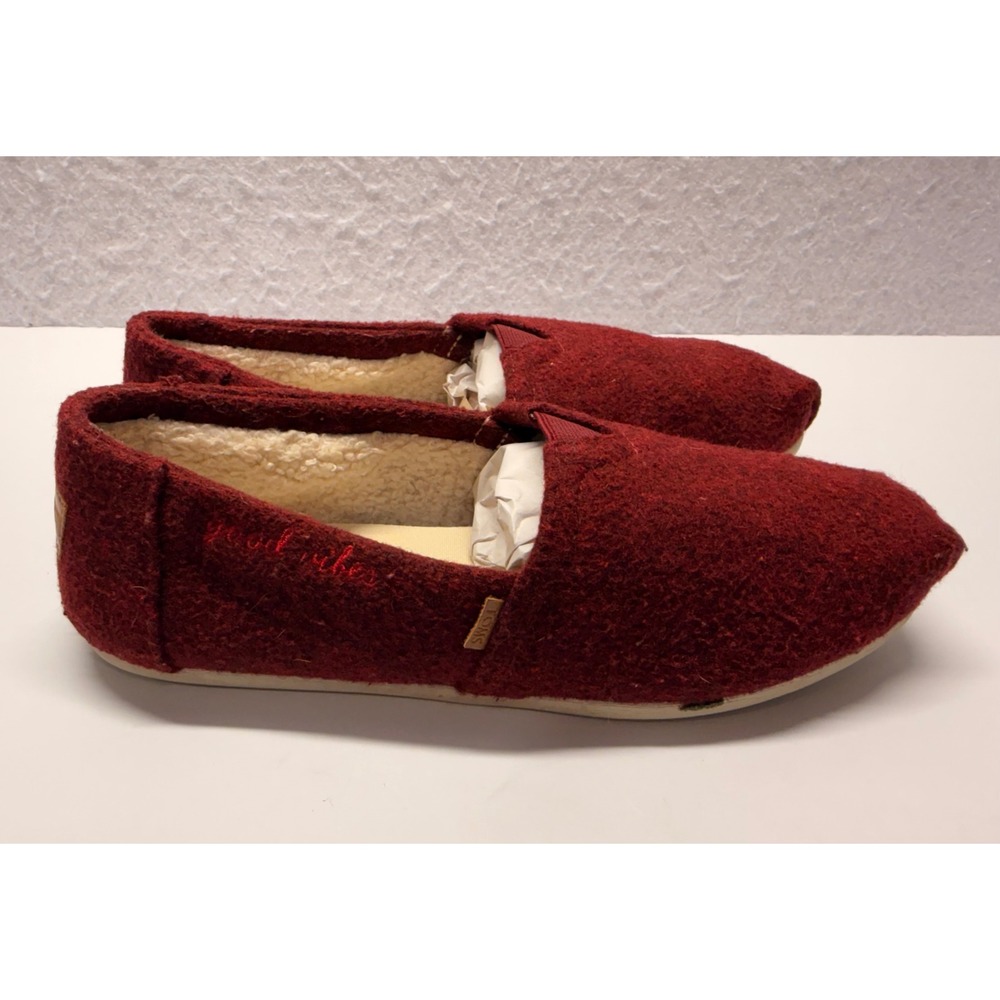 TOMS Alpargata Burgundy Wool Blend Faux Fur Lined Slip On Flats Shoes Womens 9.5